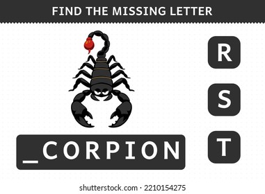 Education game for children find missing letter of cute cartoon scorpion printable bug worksheet