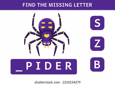 Education game for children find missing letter of cute cartoon spider printable bug worksheet
