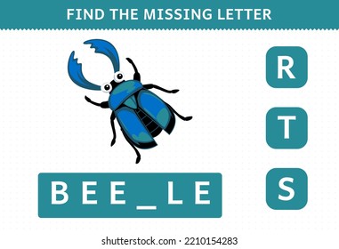 Education game for children find missing letter of cute cartoon beetle printable bug worksheet