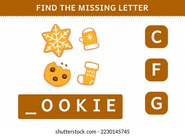 Education game for children find missing letter of cute cartoon cookie printable winter worksheet