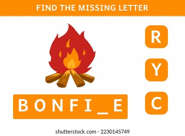 Education game for children find missing letter of cute cartoon bonfire printable winter worksheet