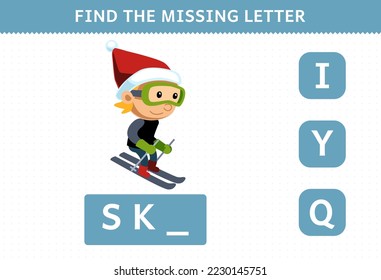 Education game for children find missing letter of cute cartoon boy playing ski printable winter worksheet