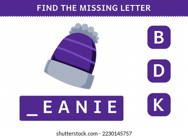 Education game for children find missing letter of cute cartoon beanie printable winter worksheet