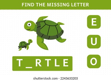 Education game for children find the missing letter of cute cartoon turtle printable underwater worksheet