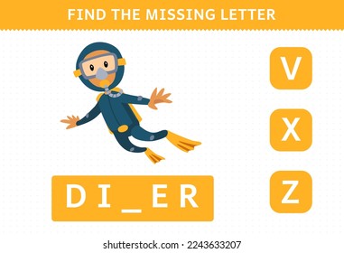 Education game for children find the missing letter of cute cartoon diver printable underwater worksheet