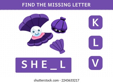 Education game for children find the missing letter of cute cartoon shell printable underwater worksheet