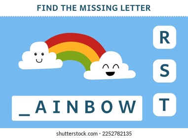 Education game for children find missing letter of cute cartoon rainbow printable nature worksheet