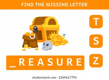 Education game for children find missing letter of cute cartoon treasure printable pirate worksheet