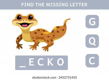 Education game for children find missing letter of a cute gecko printable pet worksheet