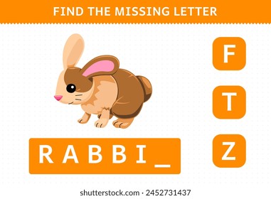 Education game for children find missing letter of a cute rabbit printable pet worksheet