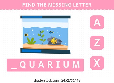 Education game for children find missing letter of a cute fish aquarium printable pet worksheet