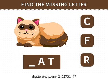 Education game for children find missing letter of a cute cat printable pet worksheet