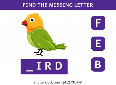 Education game for children find missing letter of a cute bird printable pet worksheet