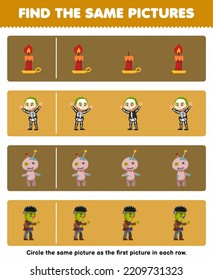 Education game for children find the same picture in each row of cute cartoon candle skeleton voodoo doll frankenstein printable halloween worksheet