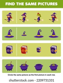 Education game for children find the same picture in each row of cute cartoon witch hat spell book cauldron printable halloween worksheet