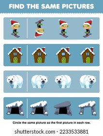 Education game for children find the same picture in each row of cute cartoon ski house polar bear den printable winter worksheet