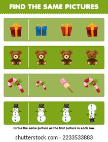Education game for children find the same picture in each row of cute cartoon gift box teddy bear candy snowman printable winter worksheet