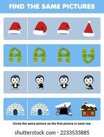 Education game for children find the same picture in each row of cute cartoon hat scarf penguin igloo printable winter worksheet