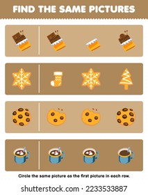 Erziehungsspiel für Kinder findet das gleiche Bild in jeder Reihe süßer Cartoon-Schokolade-Cookie-bedruckbarer Winterarbeitsblatt