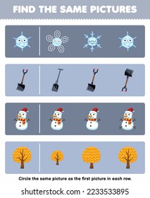 Juego de educación para niños encuentra la misma imagen en cada fila de una tira de caricatura tierna pala de copo de nieve árbol de nieve imprimible hoja de cálculo de invierno