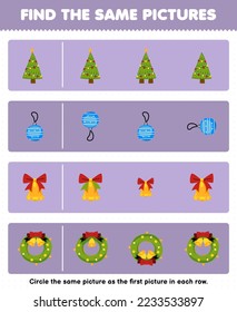 Juego de educación para niños encuentra la misma imagen en cada fila de adorables navidades árbol de dibujos animados adorno hoja de cálculo imprimible de invierno