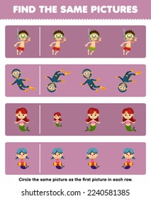 Education game for children find the same picture in each row of cute cartoon diver and mermaid printable underwater worksheet