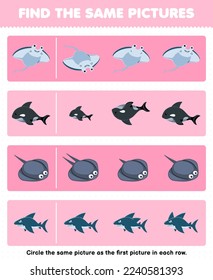 Education game for children find the same picture in each row of cute cartoon manta orca stingray shark printable underwater worksheet