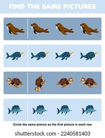 Education game for children find the same picture in each row of cute cartoon walrus narwhal turtle fish printable underwater worksheet
