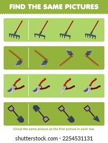 Juego de educación para niños encuentra la misma imagen en cada fila de la hoja de trabajo de la herramienta de la tira de tira de dibujos animados tiernos