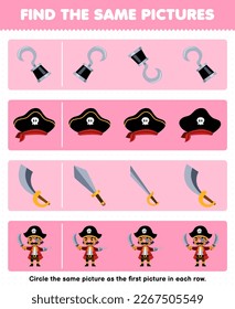 Education game for children find the same picture in each row of cute cartoon hook hat sword and captain character printable pirate worksheet