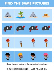 Education game for children find the same picture in each row of cute cartoon cave hat torch and boy character printable pirate worksheet