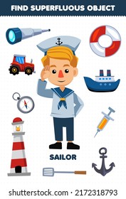 Education game for children find the superfluous objects for cute cartoon profession sailor printable worksheet
