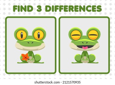Education game for children find three differences between two cute frog