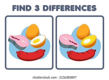 Juego de educación para niños encuentra tres diferencias entre dos caricaturas de salchicha de huevo de salmón de comida