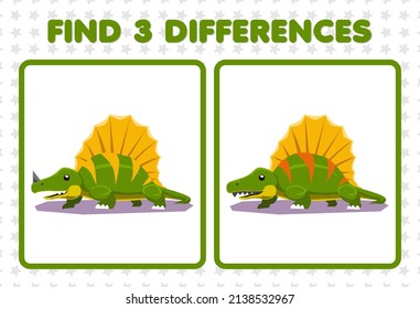 Education game for children find three differences between two cute prehistoric dinosaur dimetrodon