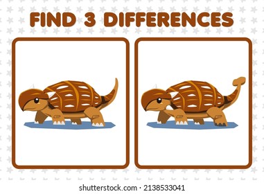 Education game for children find three differences between two cute prehistoric dinosaur ankylosaurus