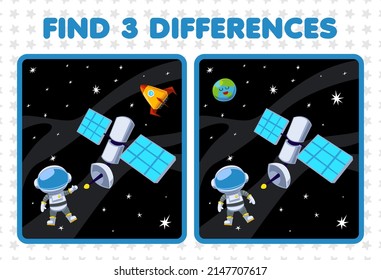 Education game for children find three differences between two cute cartoon solar system satellite astronaut earth planet rocket