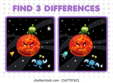 Education game for children find three differences between two cute cartoon solar system mars planet rocket alien