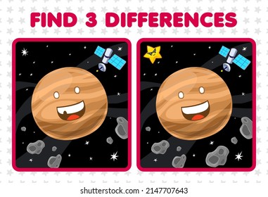 Education game for children find three differences between two cute cartoon solar system planet asteroid star satellite