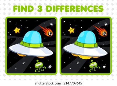 Education game for children find three differences between two cute cartoon solar system ufo star comet alien