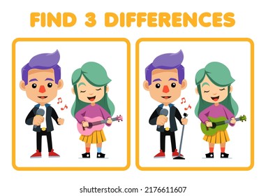 Education game for children find three differences between two cute cartoon musician singer and guitarist profession printable worksheet