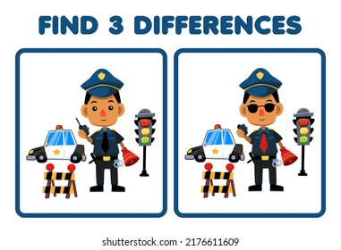 Education game for children find three differences between two cute cartoon police profession printable worksheet