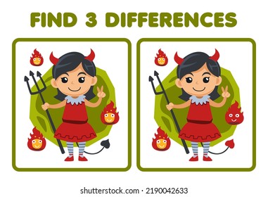 Education game for children find three differences between two cute cartoon devil girl costume halloween printable worksheet