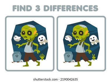 Education game for children find three differences between two cute cartoon zombie costume halloween printable worksheet