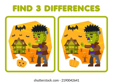 Education game for children find three differences between two cute cartoon frankenstein costume halloween printable worksheet