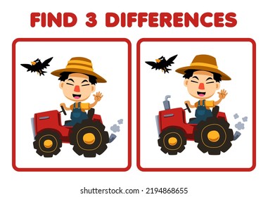 Education game for children find three differences between two cute cartoon farmer driving tractor farm printable worksheet