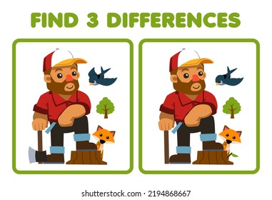 Education game for children find three differences between two cute cartoon woodcutter carries an ax beside fox and bird farm printable worksheet