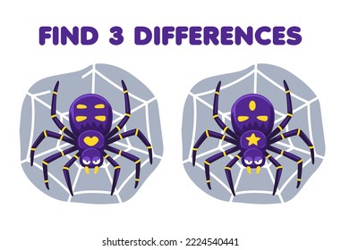 Education game for children find three differences between two cute cartoon spider in the web printable bug worksheet