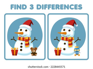 Education game for children find three differences between two cute cartoon snowman printable winter worksheet