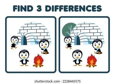 Juego de educación para niños encuentra tres diferencias entre dos lindos pingüino de dibujos animados delante de una hoja de cálculo imprimible para el invierno de iglú